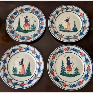 Vintage Henriot Quimper 4 Luncheon Plates 9 1/4" Breton Man & Woman  Superb Cond